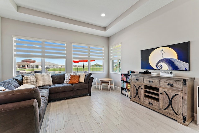 living room with a raised ceiling and light hardwood / wood-style flooring