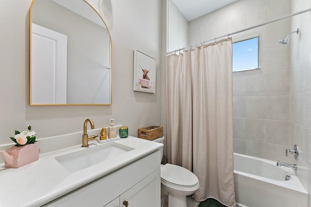 full bathroom featuring vanity, toilet, and shower / bathtub combination with curtain