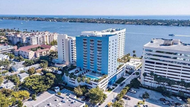 aerial view featuring a water view