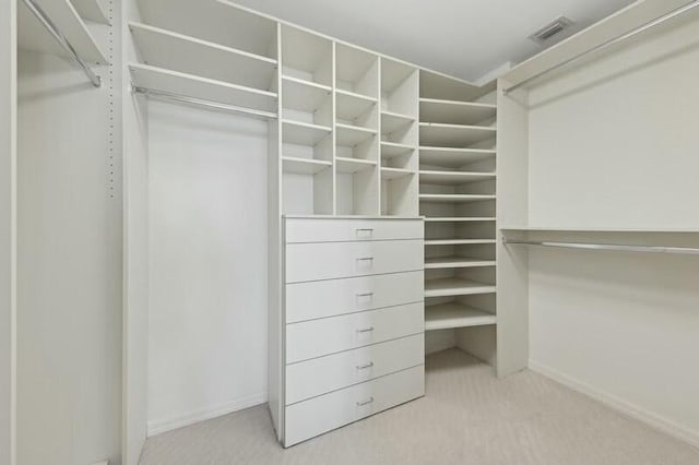 walk in closet with light carpet