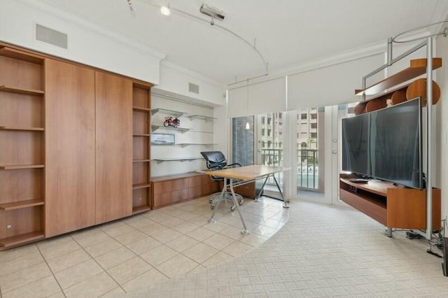 tiled office featuring crown molding