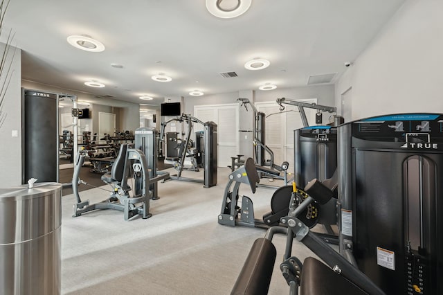 exercise room featuring light carpet