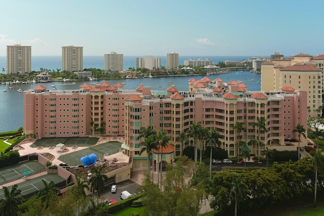 birds eye view of property featuring a water view