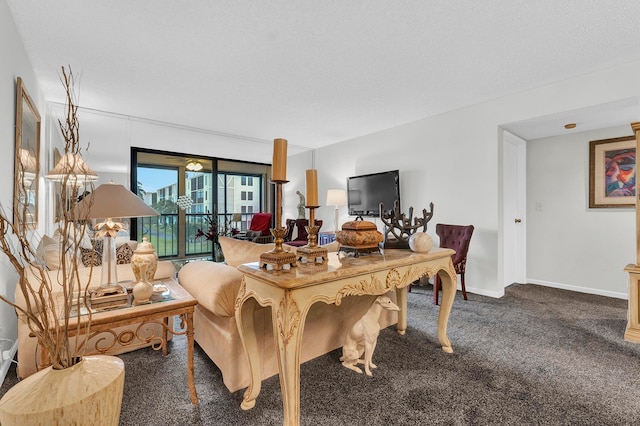 carpeted dining room with a textured ceiling