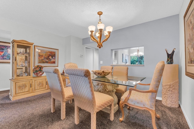 carpeted dining room with a textured ceiling and a chandelier