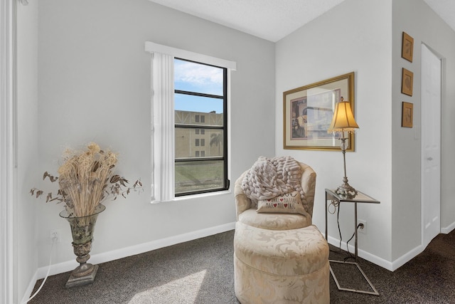 sitting room featuring dark colored carpet and a textured ceiling