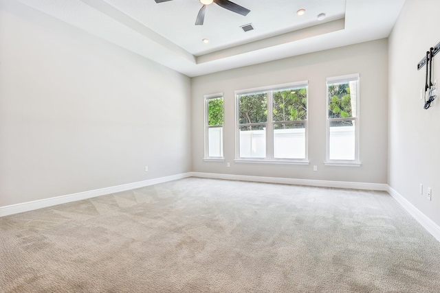 spare room with a tray ceiling and light carpet