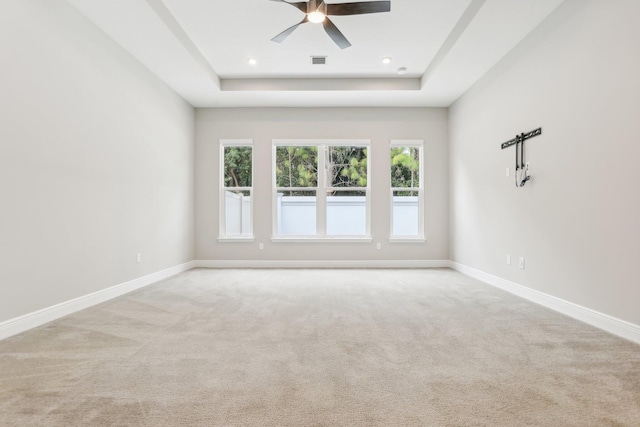 unfurnished room with light carpet, a raised ceiling, and ceiling fan