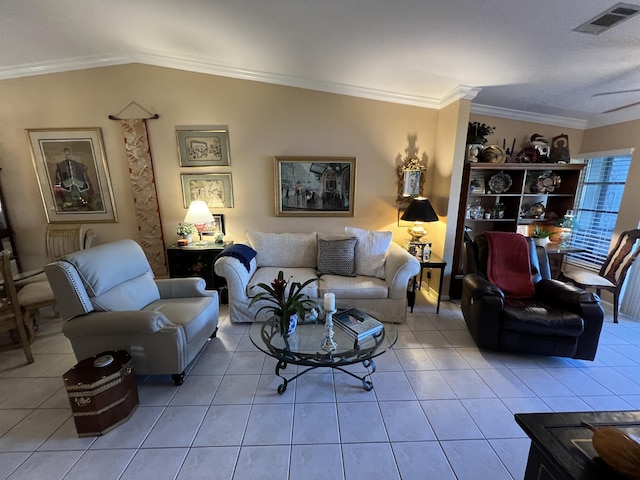 living room with lofted ceiling, ornamental molding, and light tile patterned floors