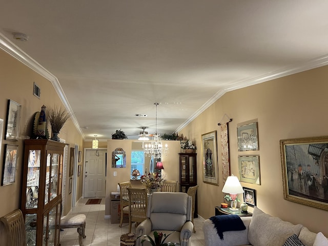 tiled living room featuring ornamental molding and a chandelier