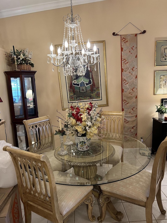 dining room featuring light tile patterned floors, crown molding, and a notable chandelier