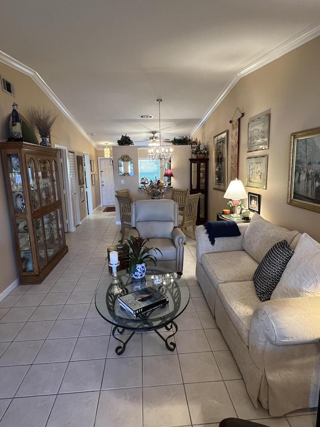 living room with light tile patterned floors, lofted ceiling, and ornamental molding