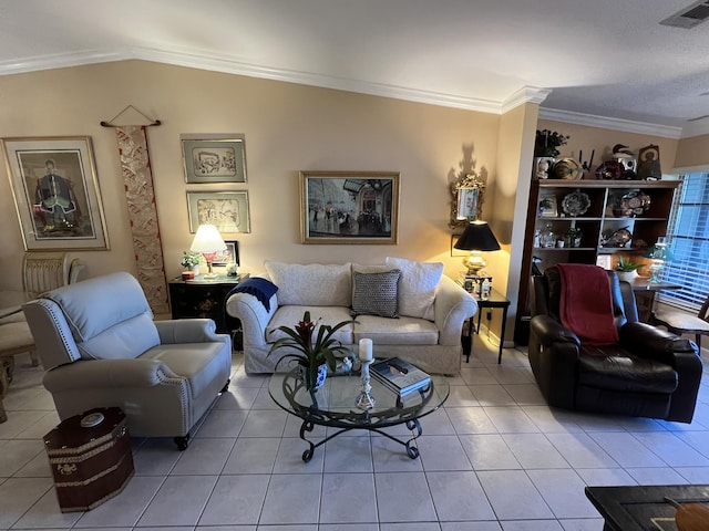 living room with light tile patterned floors and ornamental molding