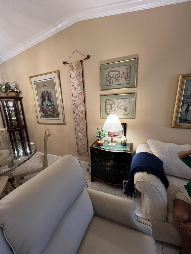 tiled bedroom featuring crown molding