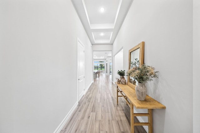 hallway with light hardwood / wood-style floors and a raised ceiling