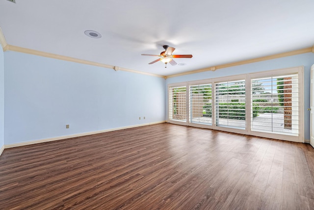 spare room featuring ceiling fan, dark hardwood / wood-style flooring, and ornamental molding