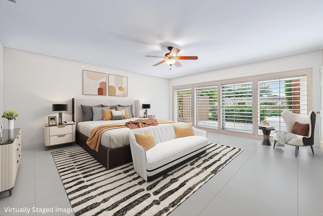 tiled bedroom featuring access to exterior and ceiling fan