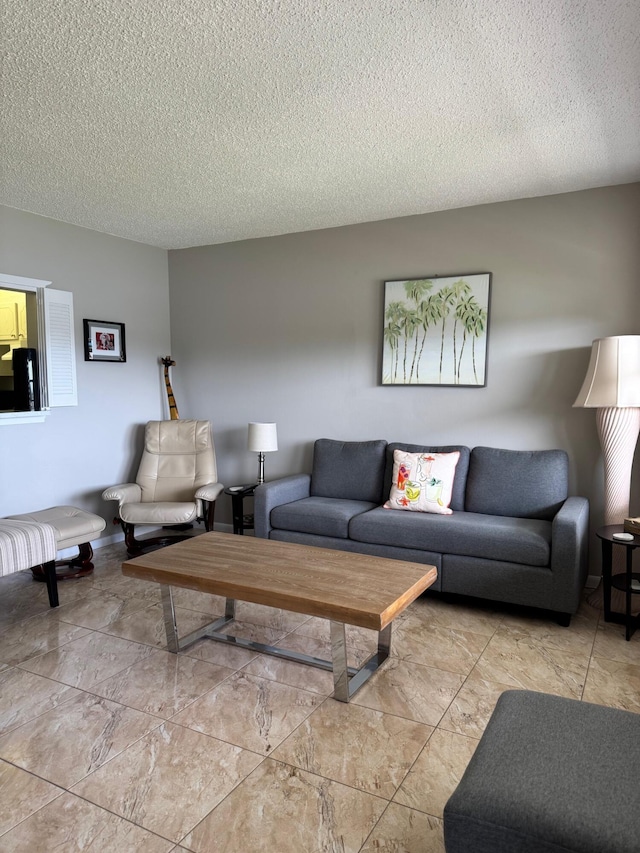 living room with a textured ceiling