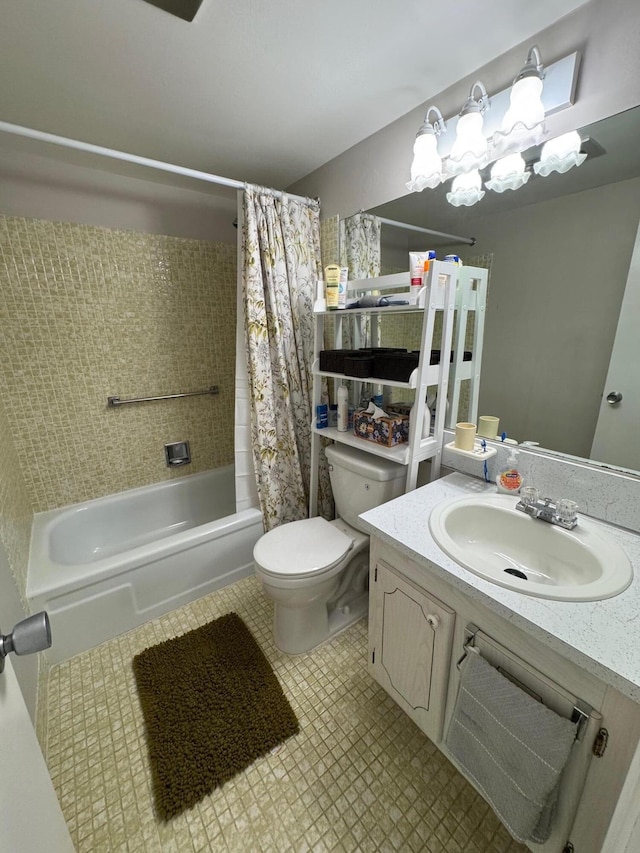 full bathroom featuring vanity, toilet, and shower / bathtub combination with curtain