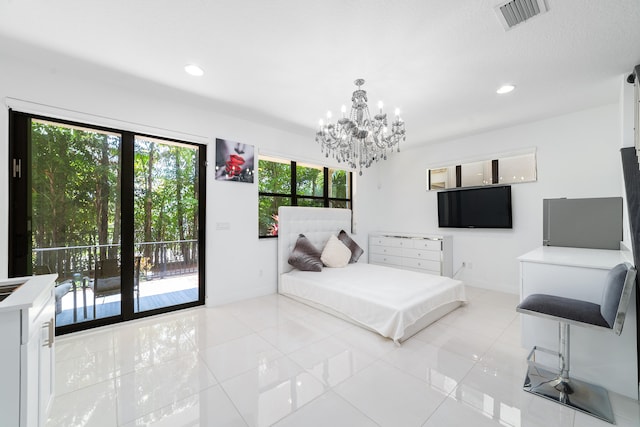 bedroom with access to outside, an inviting chandelier, and light tile patterned flooring