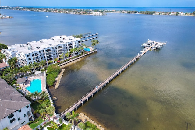 drone / aerial view with a water view