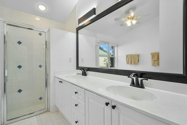 1643 Oak Berry Cir, Wellington, FL 33414 - full bathroom with double vanity, a shower stall, a ceiling fan, tile patterned flooring, and recessed lighting