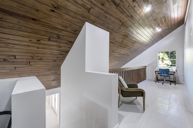 interior space featuring high vaulted ceiling, wooden ceiling, and light tile patterned flooring