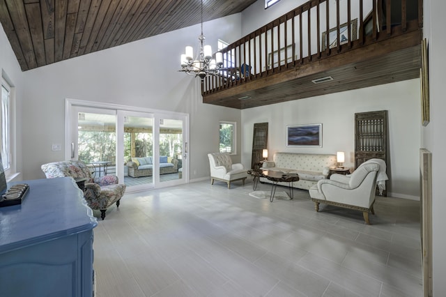 living room featuring plenty of natural light, wood ceiling, high vaulted ceiling, and an inviting chandelier