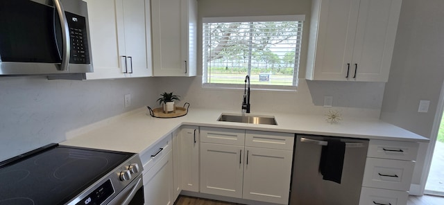 kitchen with white cabinets, dark hardwood / wood-style flooring, sink, and stainless steel appliances