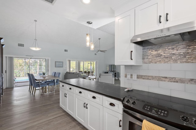 kitchen featuring white cabinetry, ceiling fan, a healthy amount of sunlight, and stainless steel range with electric stovetop