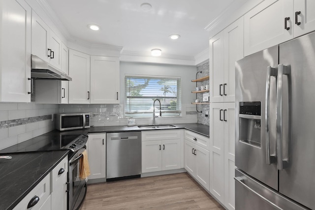 kitchen featuring appliances with stainless steel finishes, tasteful backsplash, crown molding, sink, and white cabinets