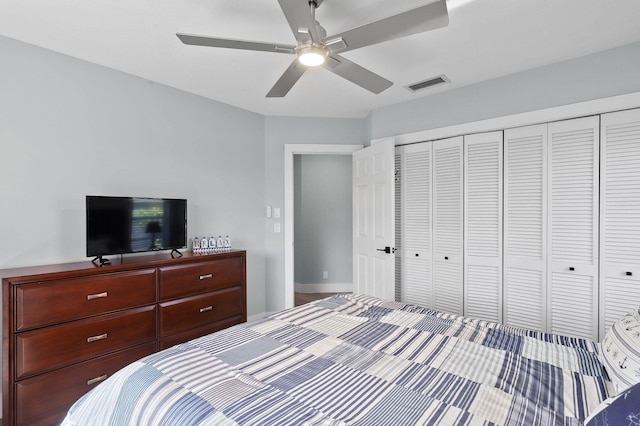 bedroom featuring ceiling fan and a closet