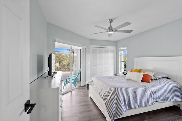 bedroom with hardwood / wood-style flooring, ceiling fan, access to exterior, and a closet