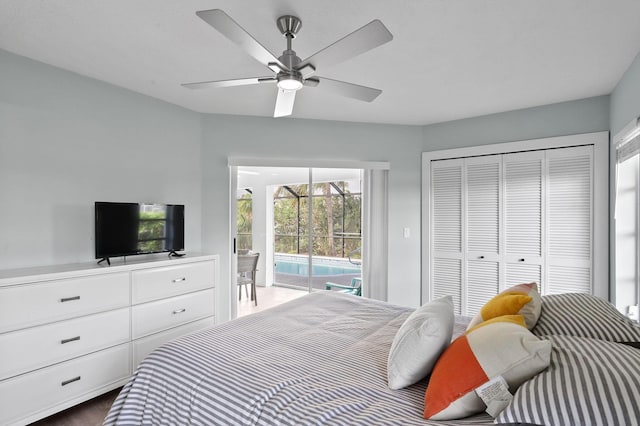 bedroom featuring ceiling fan, dark hardwood / wood-style flooring, access to exterior, and a closet