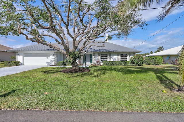 single story home with a front yard and a garage