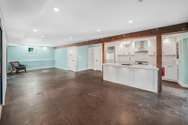 kitchen with white cabinetry, sink, wall chimney exhaust hood, stainless steel appliances, and tasteful backsplash