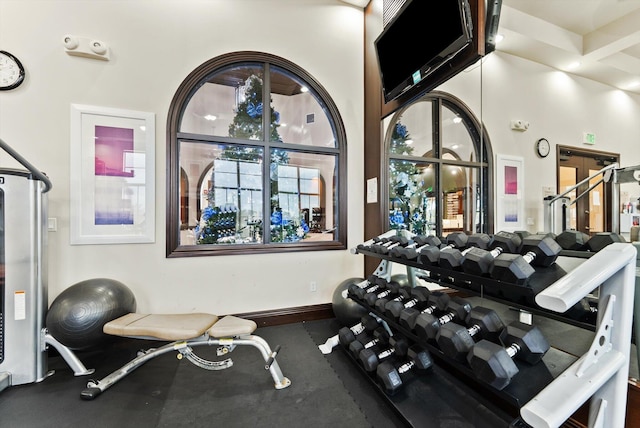 exercise room with a high ceiling