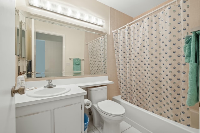 full bathroom featuring tile patterned floors, toilet, shower / tub combo, and vanity