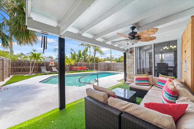 view of pool with an outdoor hangout area, a patio, and ceiling fan