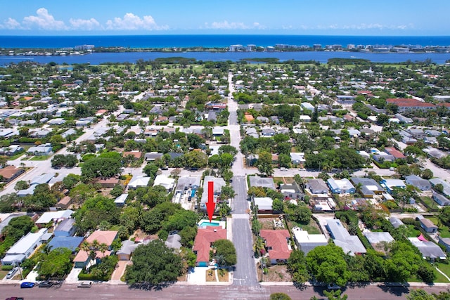 bird's eye view with a water view