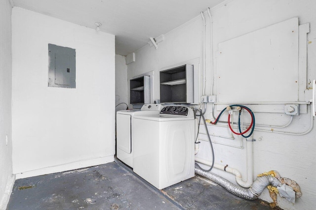 clothes washing area featuring electric panel and washing machine and clothes dryer