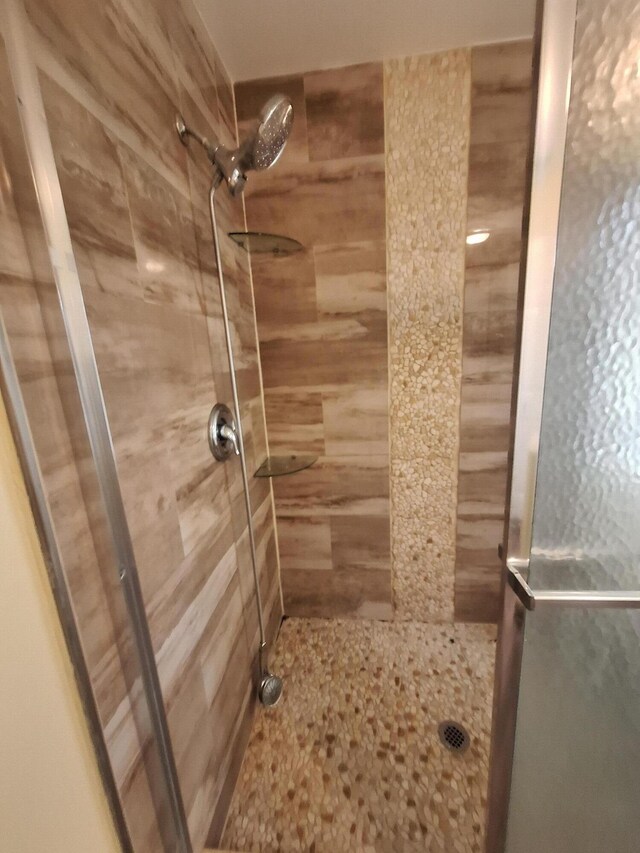 bathroom with a shower with shower door