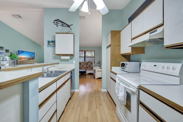 kitchen featuring light wood-type flooring, white appliances, ceiling fan, sink, and white cabinetry