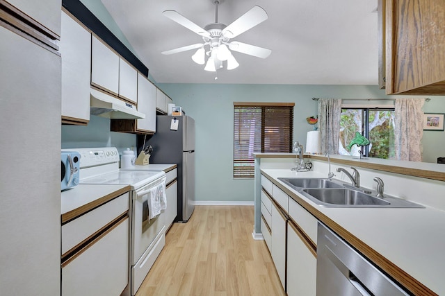 kitchen with light wood-type flooring, white cabinetry, sink, and appliances with stainless steel finishes