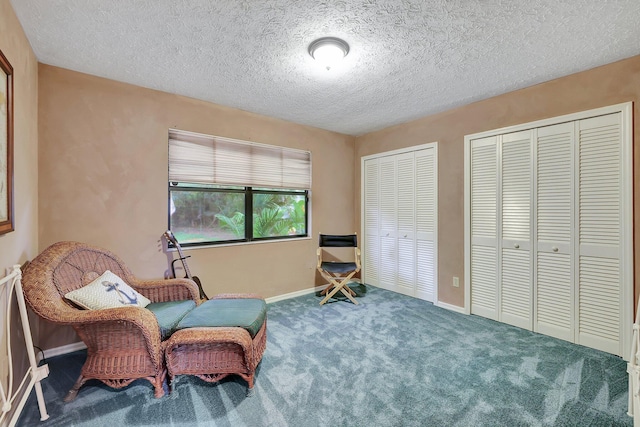 living area with carpet and a textured ceiling