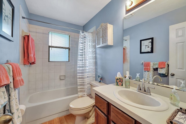 full bathroom featuring vanity, toilet, wood-type flooring, and shower / tub combo with curtain