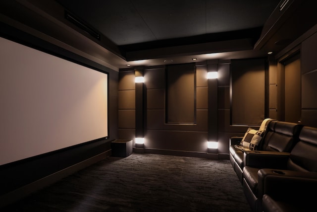 cinema featuring a tray ceiling and dark carpet