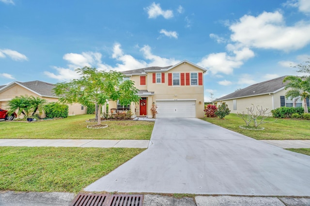 view of front of home with a garage and a front lawn