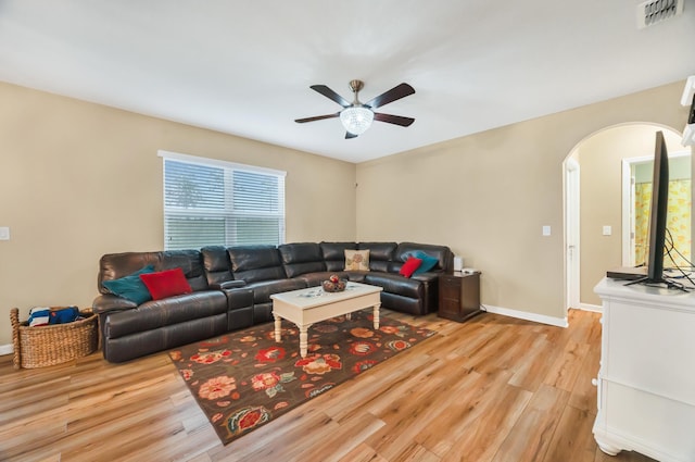 living room featuring ceiling fan and light hardwood / wood-style floors