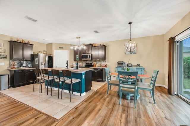 kitchen with a center island with sink, plenty of natural light, pendant lighting, and stainless steel appliances